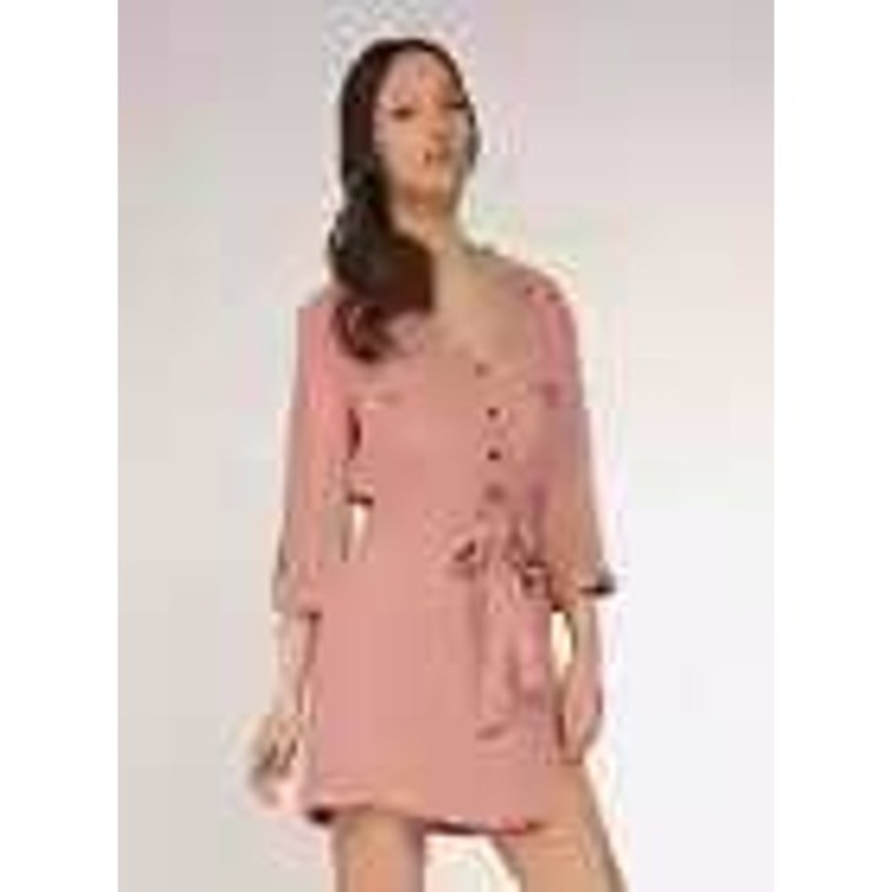 Dex Women's 1X Button Up Shirt Dress‎ Roll Tab Sleeves Tie Waist Pink